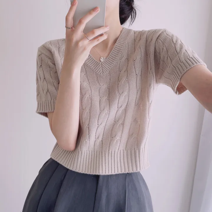 (6color/최저가 보장!) 실물보장! 색감에 반한, 마카롱 꽈배기 브이넥 크롭 반팔 니트 상세 이미지 15