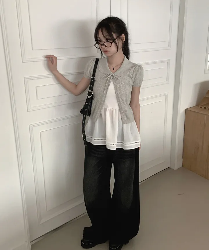 [러블리🌷반팔가디건] 게일 둥근 카라 리본 스트랩 크롭 반팔 가디건 봄 여름 가을 / 여름가디건 남방 크롭티 반팔티 흰티 이너티 아우터 뮤잉 상세 이미지 8