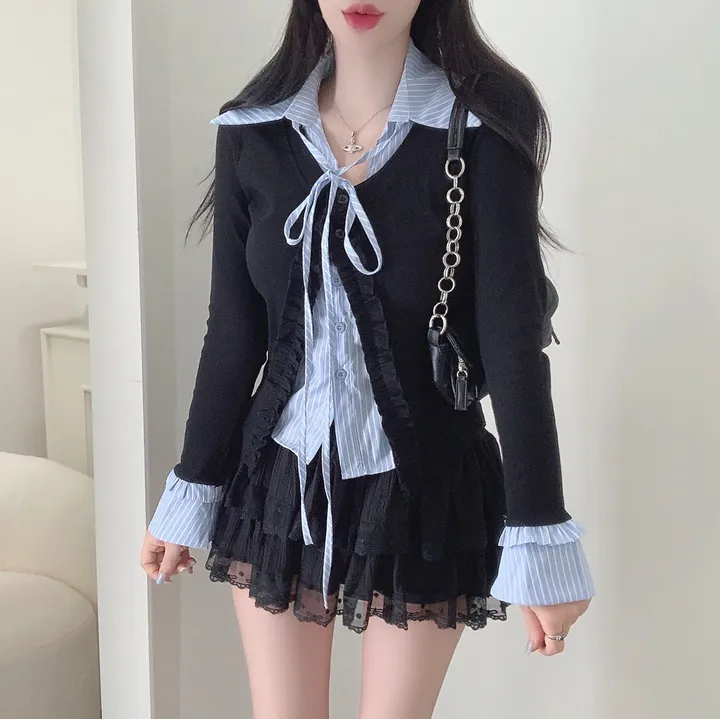 [3COLOR/셔츠일체형] 유닛 스트라이프 셔츠&프릴가디건 레이어드세트/버닝블루 상세 이미지 15