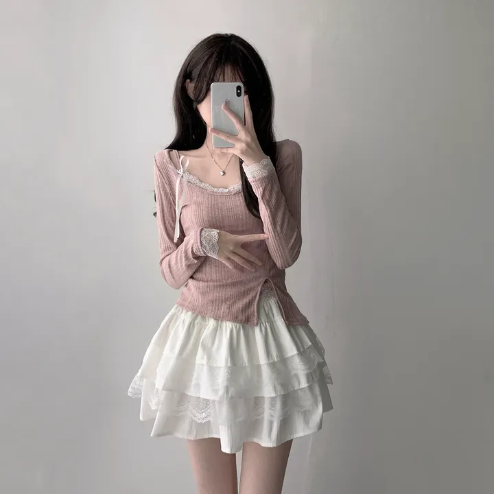 [은은한펄/러블리] 트윙클 골지 슬릿 펄 긴팔 티셔츠+레이스 리본 나시&슈아 밴딩 캉캉 미니 스커트 투피스 쓰리피스 코디세트 단품 세트 상세 이미지 27