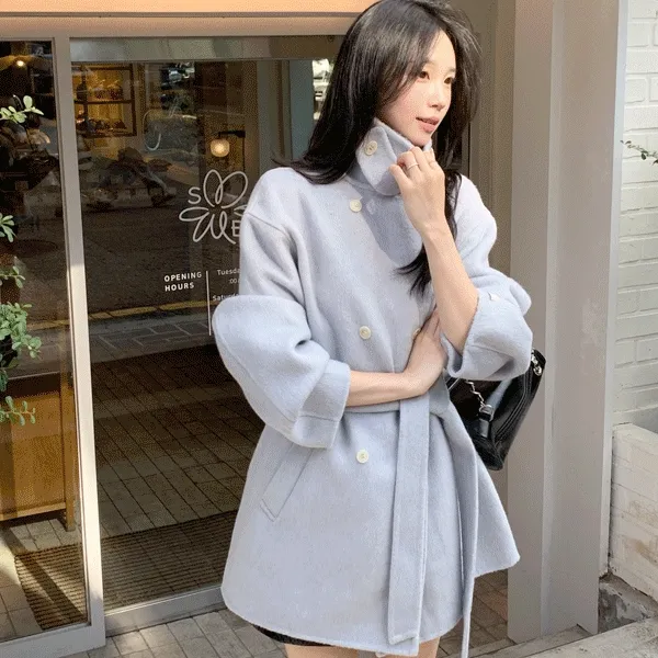 [sheep wool100][P.B MADE] 솝드 핸드메이드 코트 (하이넥/하프기장/허리끈) - 2color