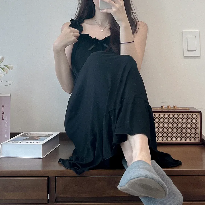 [봄할인/캡내장/진짜부들부들해요!] #B.Night 찰랑 프릴 민소매 심플 나시 파자마 잠옷 롱원피스 블랙&그레이 2 color #3003 상세 이미지 17