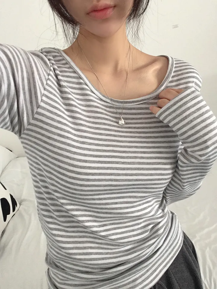 [슬림핏!/간절기,봄필수! 잔단가라 라운드넥 단가라티셔츠 긴팔티셔츠 이너티 기본티] 엘리슬림핏단가라긴팔T 상세 이미지 22