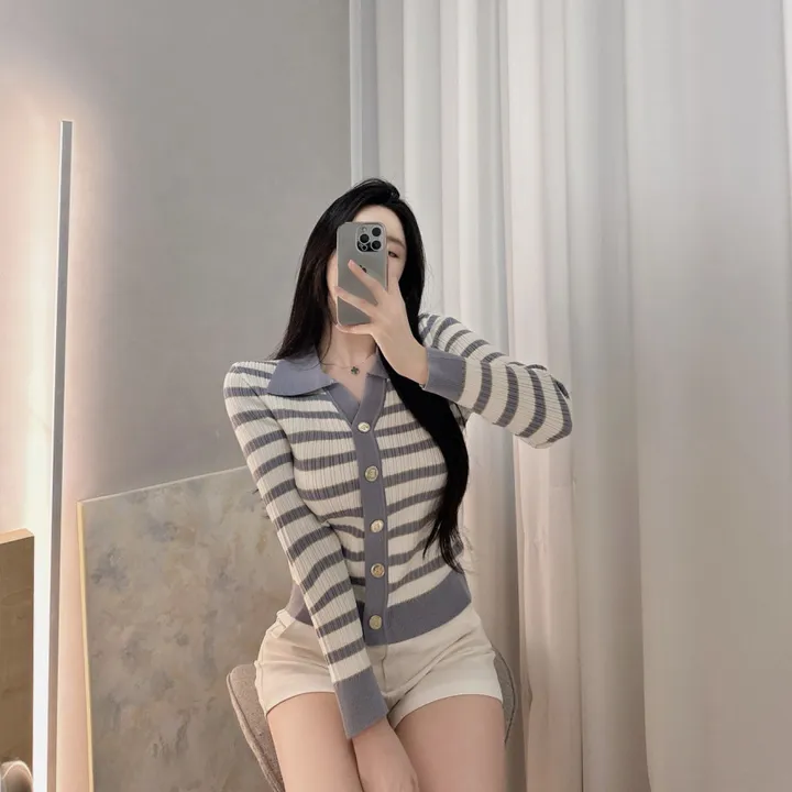 헤르배색 금장 스트라이프가디건 카라가디건 수입가디건 상세 이미지 14