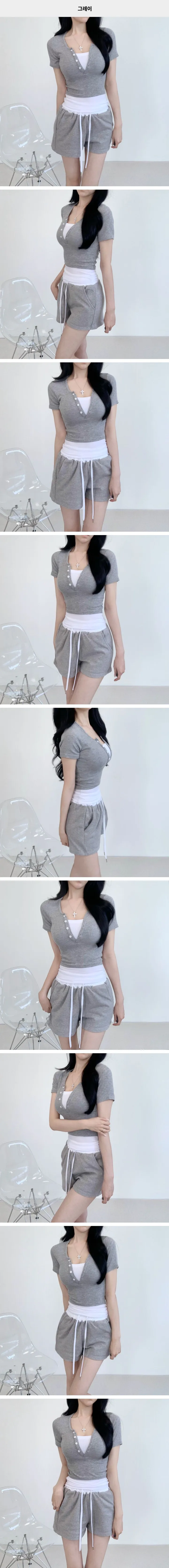 [허리잘록/꾸안꾸🤍] 레이어드 배색 골지 반팔 단추티 + 배색 밴딩 반바지 트레이닝 세트 (3color) 슬림핏 트레이닝 투피스 세트 상세 이미지 5