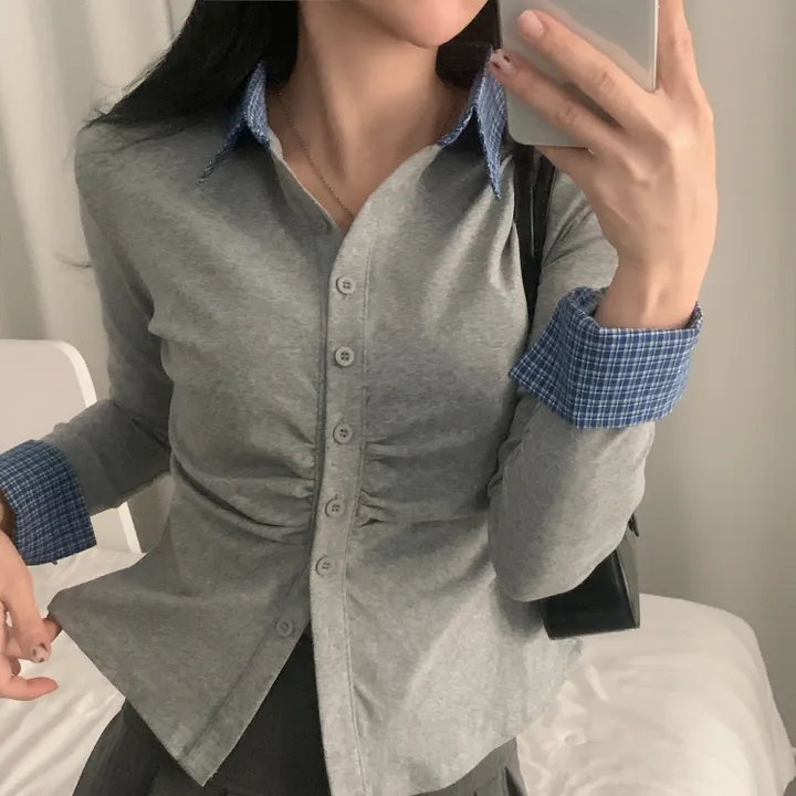 [일체형!/말라핏] 레이디 체크 셔링 레이어드 롱슬리브 버튼 긴팔티셔츠 - 4color 상세 이미지 9