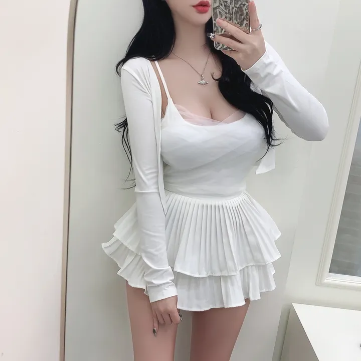 [3COLORS/SET] 더블셔링 레이스 레이어드나시&크롭가디건 세트/버닝블루 상세 이미지 17