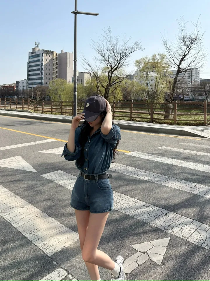 (벨트포함/S,M) 청청 루즈핏 데님 셔츠 + 데님 숏 반바지 벨트 팬츠 set 상세 이미지 2