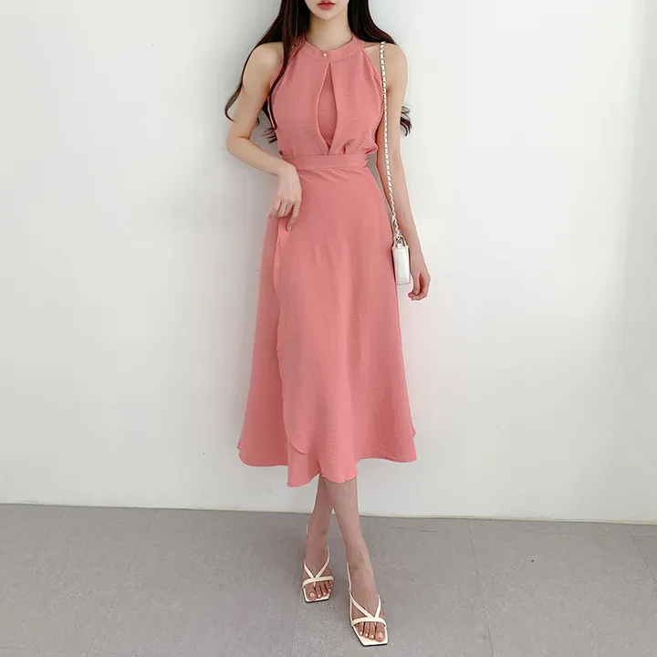 [블라우스+스커트set❤] 무드 홀터넥 나시 민소매 블라우스 랩 롱스커트 휴양지룩 투피스 세트 / 바캉스룩 하객룩 데이트룩 소개팅룩 파티룩 리조트룩 상세 이미지 5
