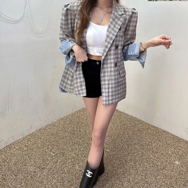 [봄신상/유니크아우터] 루즈핏 잔 체크 반반 데님 퍼프 퍼프 자켓 1COLOR 상세 이미지 15