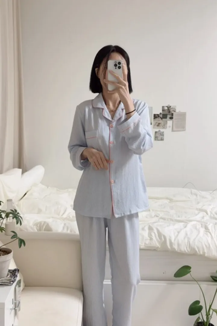 [💙긴팔잠옷set/심플💙]지지미면 잔스트라이프 3타입 컬러배색 잠옷세트 단가라 카라넥 시원한 봄여름가을 사계절 러블리 파자마파티 홈웨어세트 상세 이미지 10