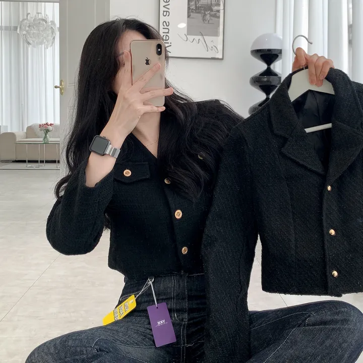 [부분 당일배송🎀1000장돌파!! 리뷰극찬🔥컬러추가!] 트위드 세미 크롭 자켓 노카라 간절기 하객룩 숏자켓 핑크 아이보리 블랙 네이비 - 5colors 상세 이미지 16