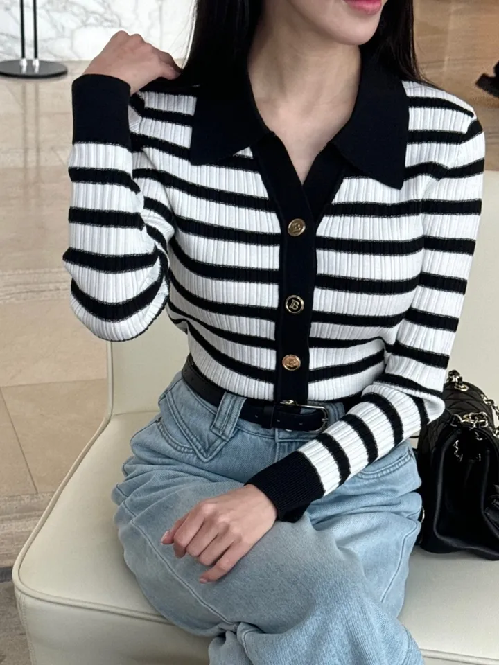 [고급미💖] 헤라 배색 금장 단가라 카라 가디건 상세 이미지 10