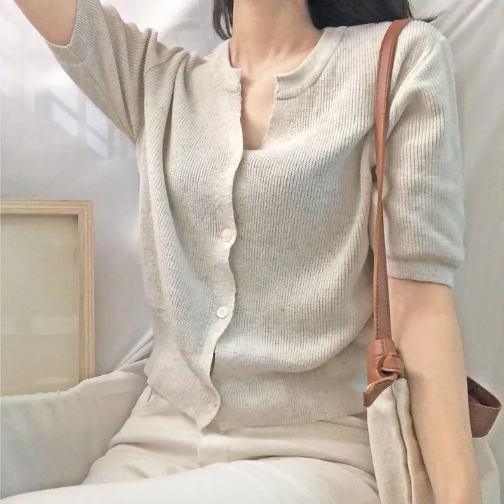 [린넨15%] 부드럽게 착- 반팔 린넨 가디건 / 하찌 넥트임 버튼 반팔티 상세 이미지 7