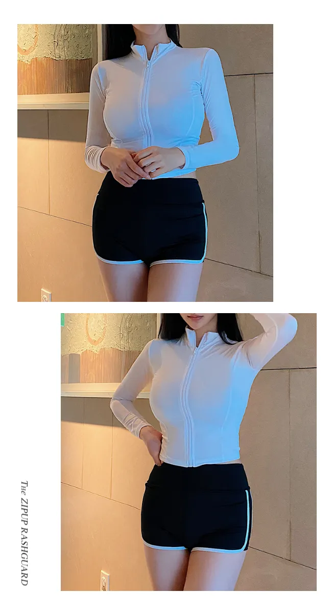 [주문폭주] 플레인 실내 비치웨어 스윔웨어 집업 긴팔 래쉬가드 수영복(아이보리/블랙) 상세 이미지 4