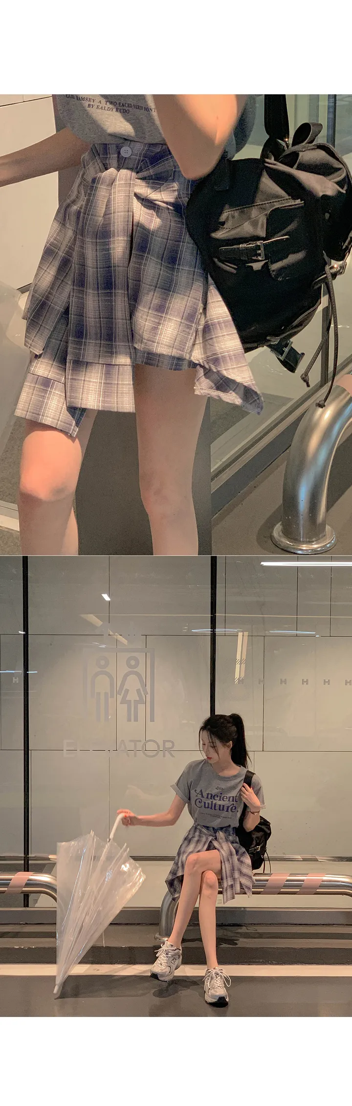 (세트가격/티셔츠세트/치마바지/체크포인트/하체커버/꾸안꾸룩/코디세트/세트코디/데일리/여행룩) 시엘 티셔츠+셔츠 체크치마 바지 세트 SET 상세 이미지 13