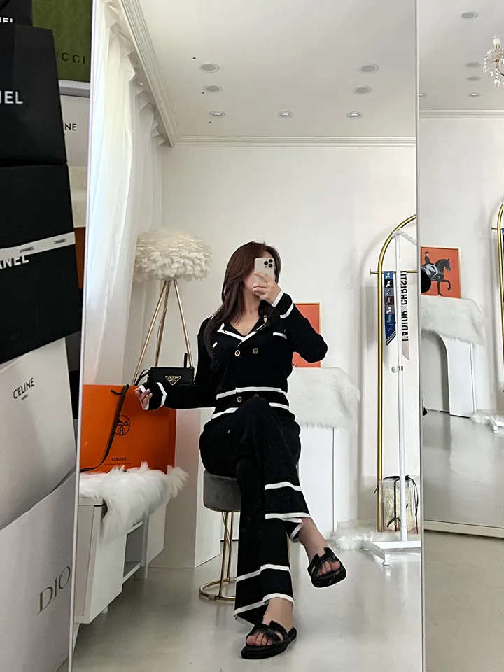 수입 배색 라인 더블 카라넥 버튼 와이드 팬츠 숏 가디건 투피스 셋업 상세 이미지 17