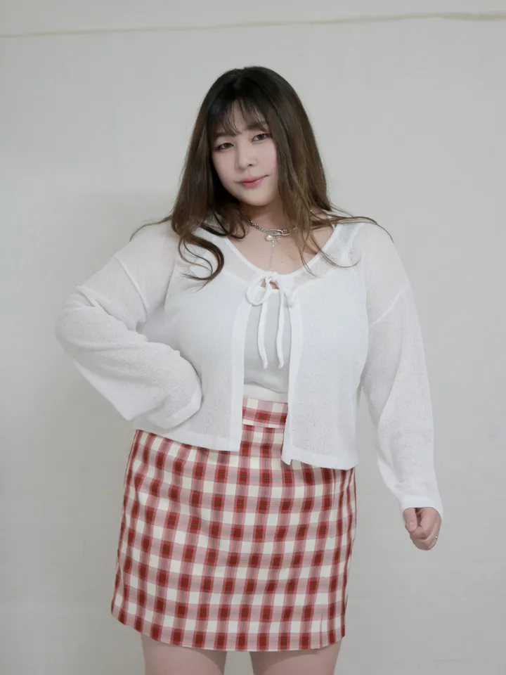 (55-100) 빅사이즈 브이넥 시스루 리본 가디건 살탐방지 얇은가디건 상세 이미지 35