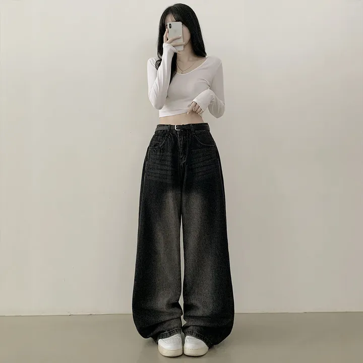 [색감깡패🖤] 사이드 핀턱 빈티지 워싱 하이웨스트 와이드 벌룬 데님팬츠 사계절 청바지 연청 진청 흑청 블랙 상세 이미지 21