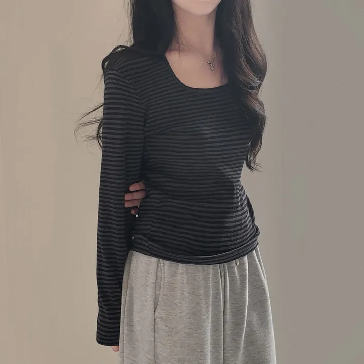 [팔말라핏🤍/단가라ver]팔뚝살 부각없는 3탄! 뉴페이스 단가라 스트라이프 스퀘어넥 루즈핏 긴팔티셔츠 상세 이미지 29