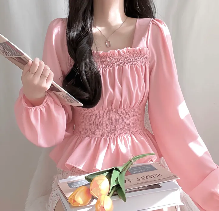 [체형보정/살랑쉬폰] 샤인 스퀘어넥 프릴 셔링 스모크 밴딩 퍼프 블라우스 상세 이미지 26