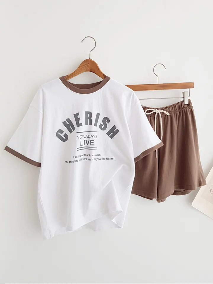 [데일리SET] 꾸안꾸 배색 포인트 레터링 프린트 반팔 티셔츠 밴딩 반바지 여름홈웨어 파자마세트 여름추리닝 트레이닝세트 여름휴가 바캉스룩 물놀이패션 휴양지룩 동남아여행룩 상세 이미지 14
