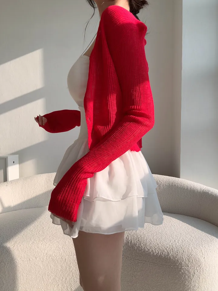 (8color) 【여리여리-!】 수채화 슬림핏 시스루 롱슬리브 진주 버튼 부클 가디건 상세 이미지 20