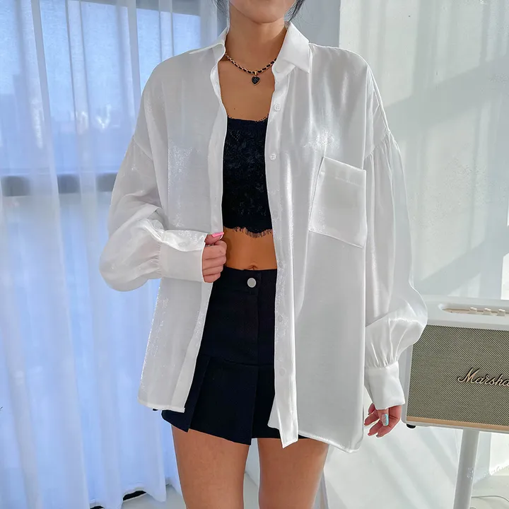 [당일출고] 투톤 오로라 루즈핏 퍼프 실크 블라우스 셔츠 / 빅사이즈 오버핏 / 연예인 아이돌의상 펜트하우스 루즈핏 글리터셔츠 반짝이 상세 이미지 67