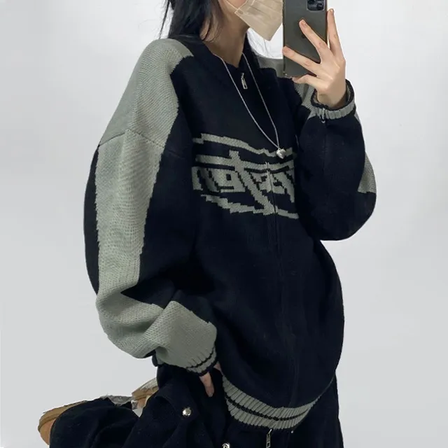 [~3XL] 빈티지 힙무드 박시니트집업💝 배색 나그랑 스트릿/투웨이 남녀공용 커플 빅사이즈 [4070] 상세 이미지 14
