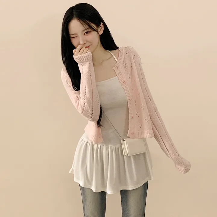 [벚꽃룩🌸/울함유] 펀칭 플라워 물결 크롭 니트 봄 딸기우유 여름가디건 상세 이미지 19