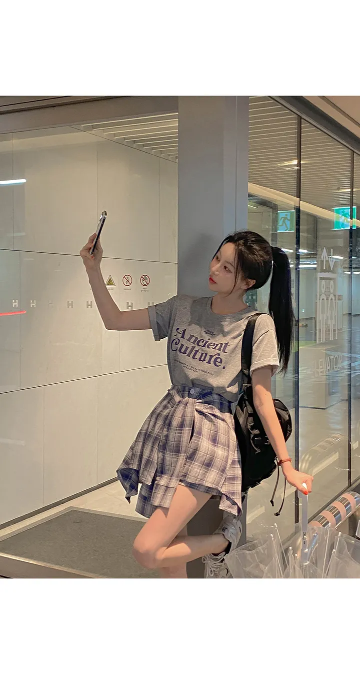 (세트가격/티셔츠세트/치마바지/체크포인트/하체커버/꾸안꾸룩/코디세트/세트코디/데일리/여행룩) 시엘 티셔츠+셔츠 체크치마 바지 세트 SET 상세 이미지 8