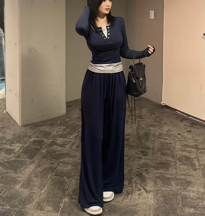 [시원찰랑💕/세트가격] 배색 레이어드 티셔츠 찰랑 와이드팬츠 세트 상세 이미지 11