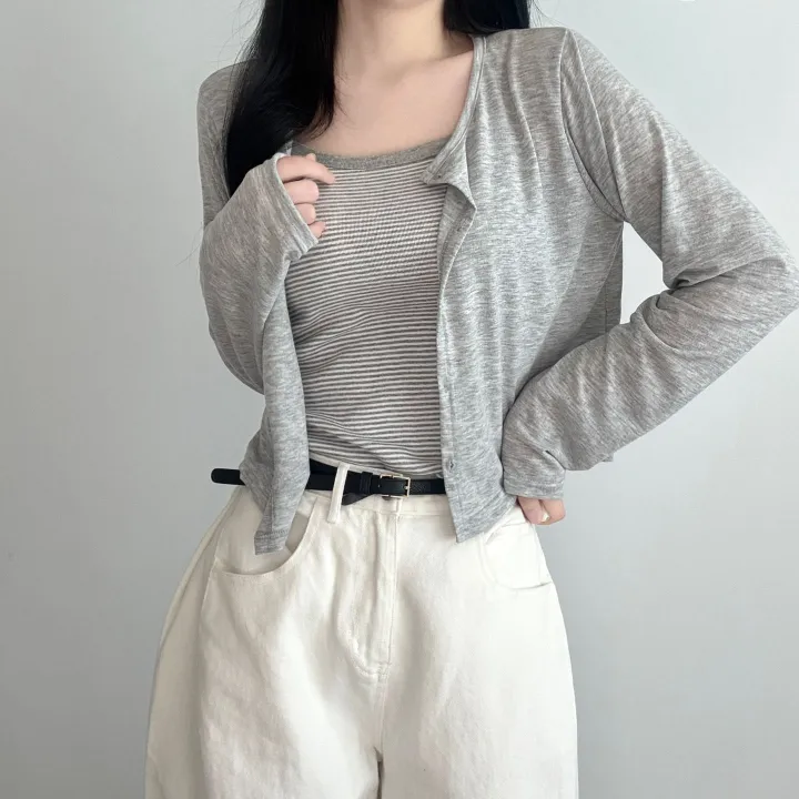 [데일리🖤] 여름 라운드 긴팔 가디건 + 단가라 스트라이프 나시 투피스 코디세트 - 세트,단품 선택가능 상세 이미지 6