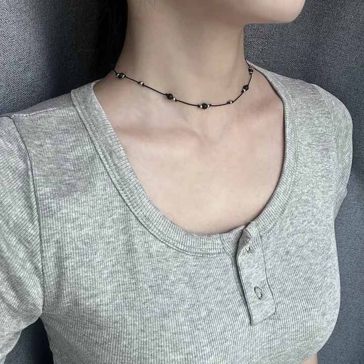[써지컬] 무채색 블랙 오닉스 원석 써지컬 볼 매듭 끈 초커 목걸이 상세 이미지 6