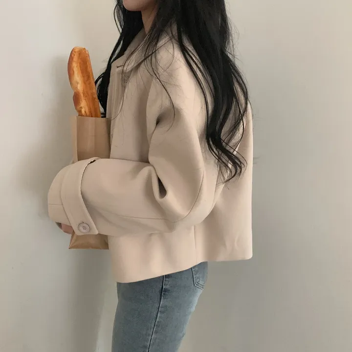 봄가을 크롭재킷 오버핏 아이보리 블랙 싱글버튼 숏코트 상세 이미지 33