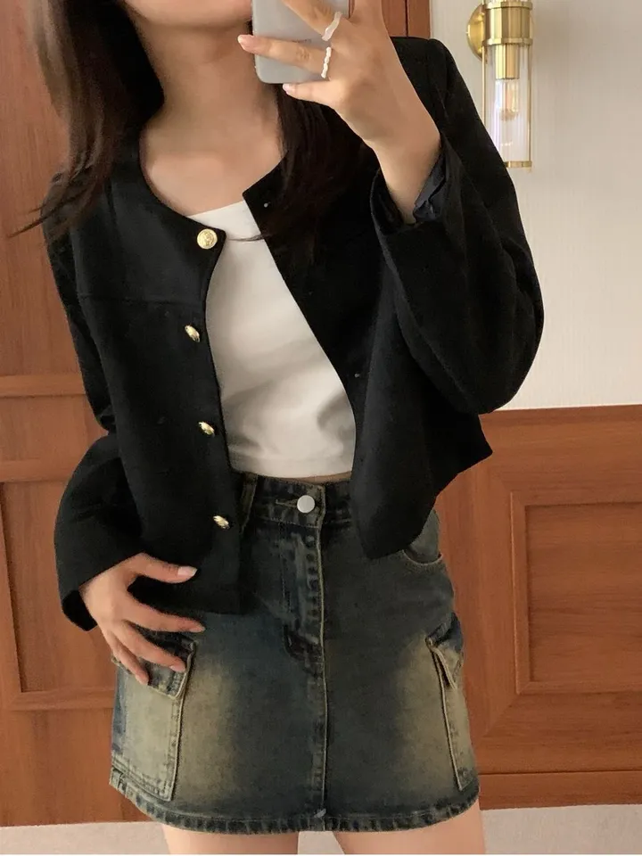 [주문폭주🐱‍🏍3color/가을신상🍂] 노이드 노카라 금장로고 스웨이드 자켓 올드머니룩 페미닌룩 어깨패드 상세 이미지 40