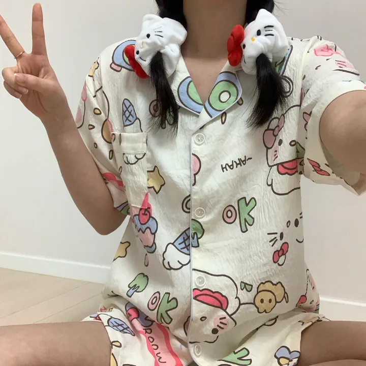 [3피스/빅사이즈도있어용!] 귀여운 리본 고양이 키티 캐릭터 집순이 생일선물 반팔 반바지 긴바지 쓰리피스 잠옷 세트 상세 이미지 12