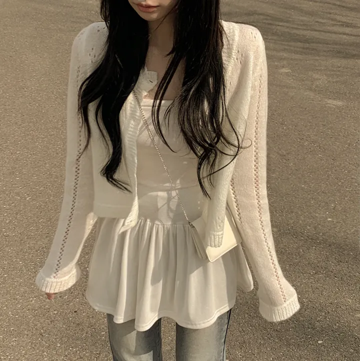[벚꽃룩🌸/울함유] 펀칭 플라워 물결 크롭 니트 봄 딸기우유 여름가디건 상세 이미지 4
