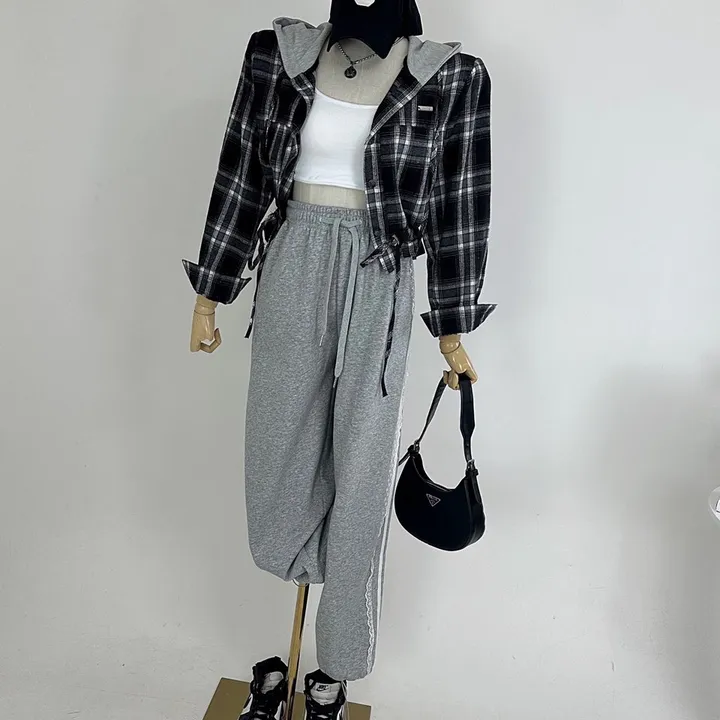 [패드내장/데일리/캐주얼/코디추천템] 크롭 체크 후드 배색 패치 스트링 셔츠 남방 상세 이미지 5