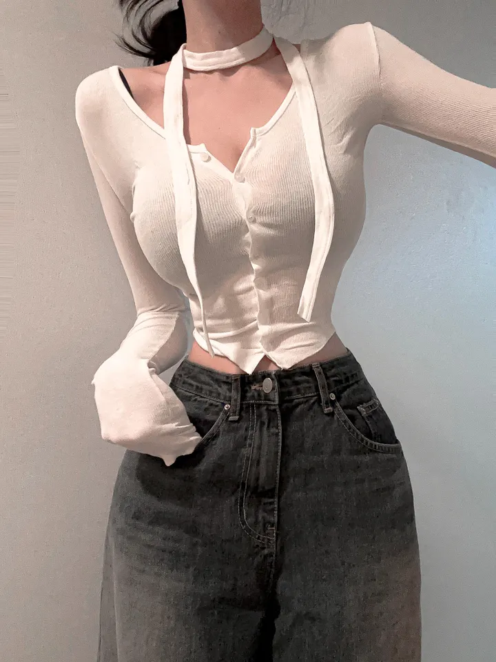 *커보이는핏/국내제작* 모달 니트 브이넥 굴림밑단 가디건 티셔츠 + 머플러 타이 세트set 상세 이미지 5