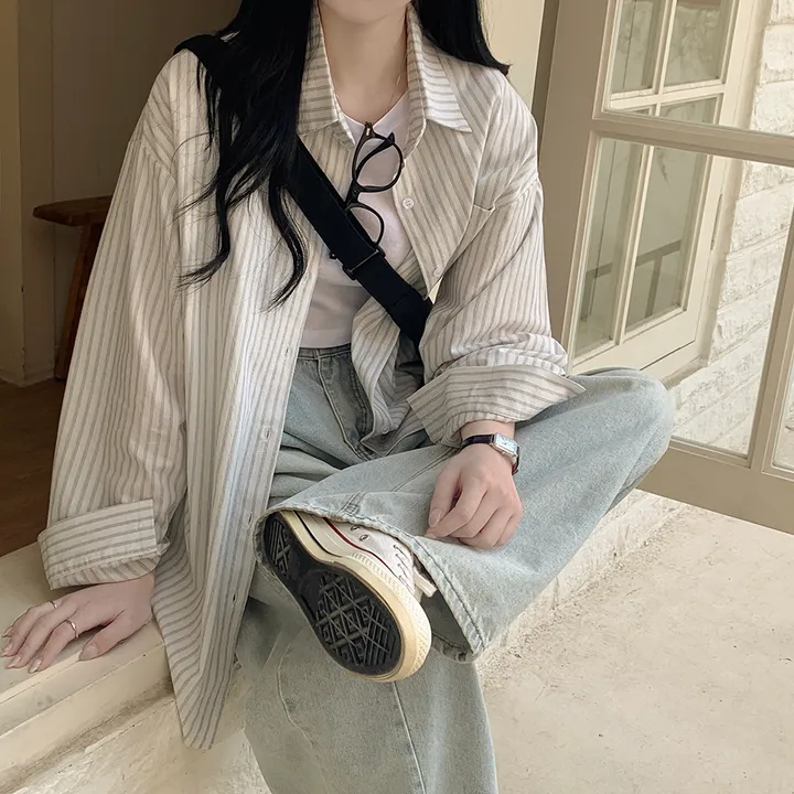 [여리여리~한여름까지✨] 린넨 오버핏 스트라이프 힙덮는 긴팔셔츠 레이어드 남방 꾸안꾸 캠퍼스룩 빅사이즈 상세 이미지 6