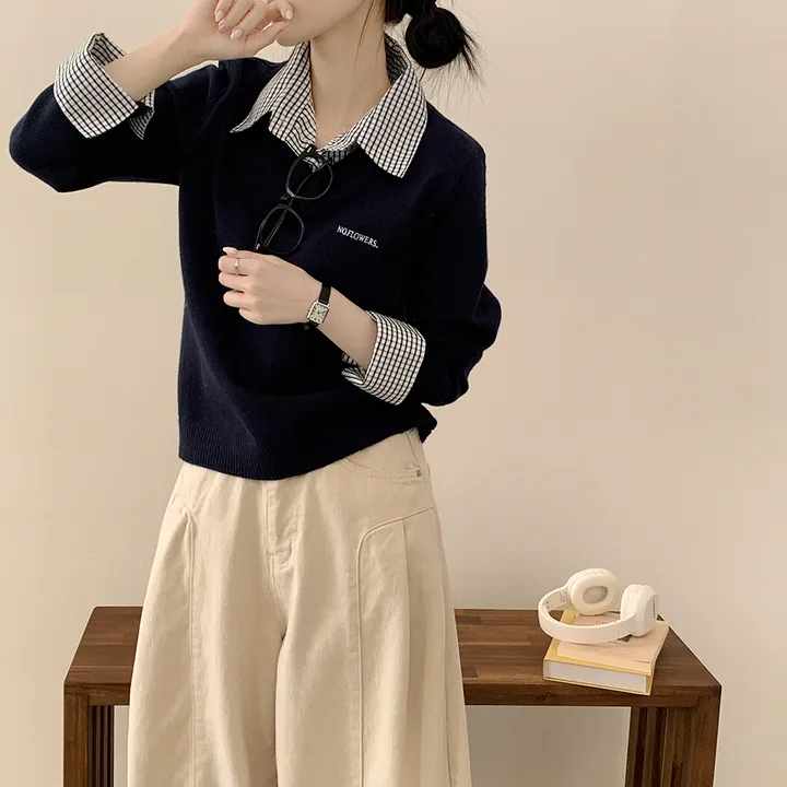 [긱시크/봄신상✨] 롤업 체크셔츠 페이크 레이어드 브이넥 루즈핏 니트 상세 이미지 5