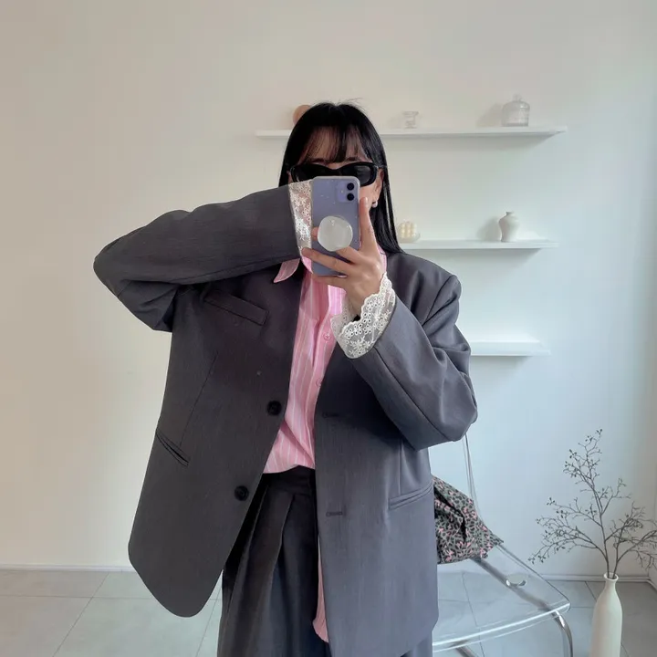 [봄best/데이트룩/하객룩] 쌜린 노카라 레이스자켓 봄 아우터 오버핏자켓 박스핏자켓 루즈핏자켓 싱글 봄자켓 상세 이미지 6