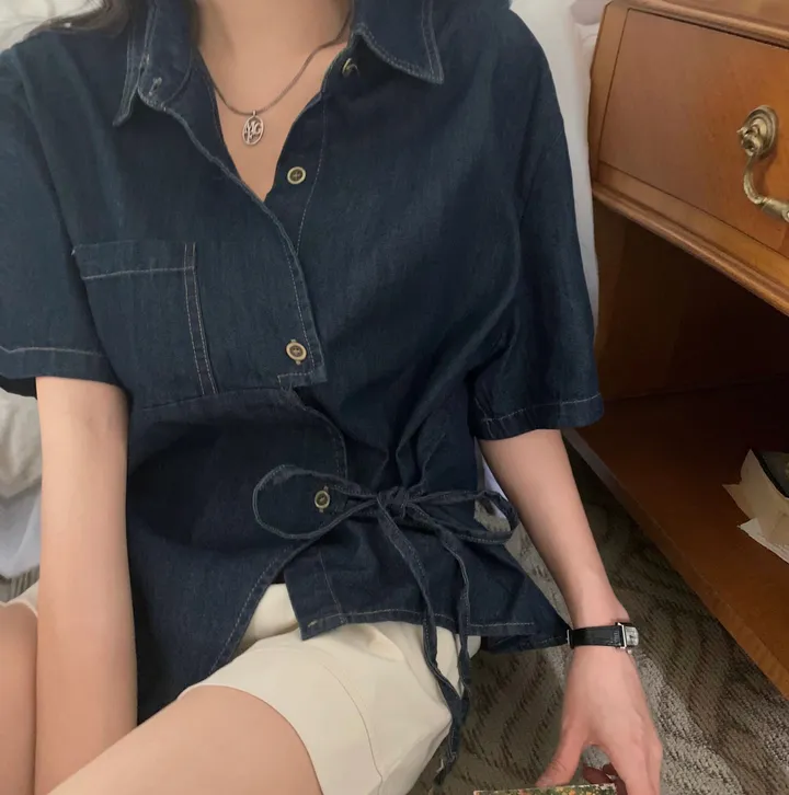 [단독판매🤍/리본포인트!] 데님 사이드 리본 포인트, 루즈핏 카라셔츠 남방 - 2color 상세 이미지 25