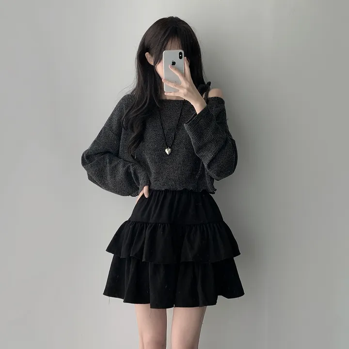 *주문폭주/투피스1등* [코디세트/무채색🖤] 러블리 언발 리본 오프숄더 차콜 니트+블랙 캉캉 스커트 투피스 코디세트 상세 이미지 11