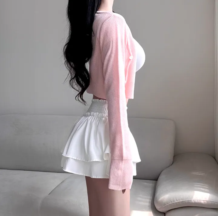[여리핏보장!!/여친룩/5col] 청순 데일리 슬림핏 크롭 긴팔 시보리 브이넥 단추 가벼운 간절기 가디건 데이트룩 기본 베이직 봉 초여름 가을 국내제작 고퀄 기획 얇은 니트 상세 이미지 11