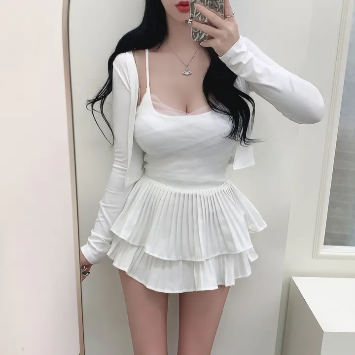 [3COLORS/SET] 더블셔링 레이스 레이어드나시&크롭가디건 세트/버닝블루 상세 이미지 16