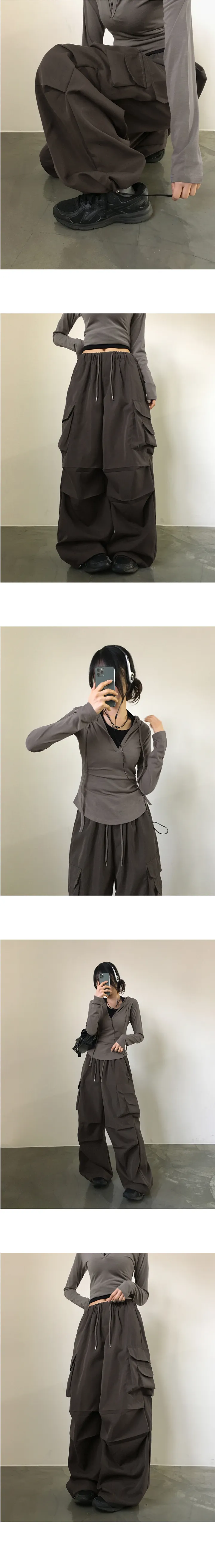 [기본/롱] 가츠 핀턱 셔링 카고 투웨이 더블 미니 포켓 밴딩 롱 와이드 조거 팬츠 상세 이미지 6