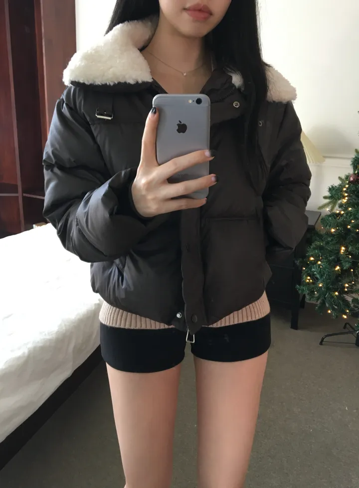 [부해보임X/주문폭주] 벌론 양털 뽀글이 카라 스트링 버클 레더 숏 패딩 상세 이미지 9