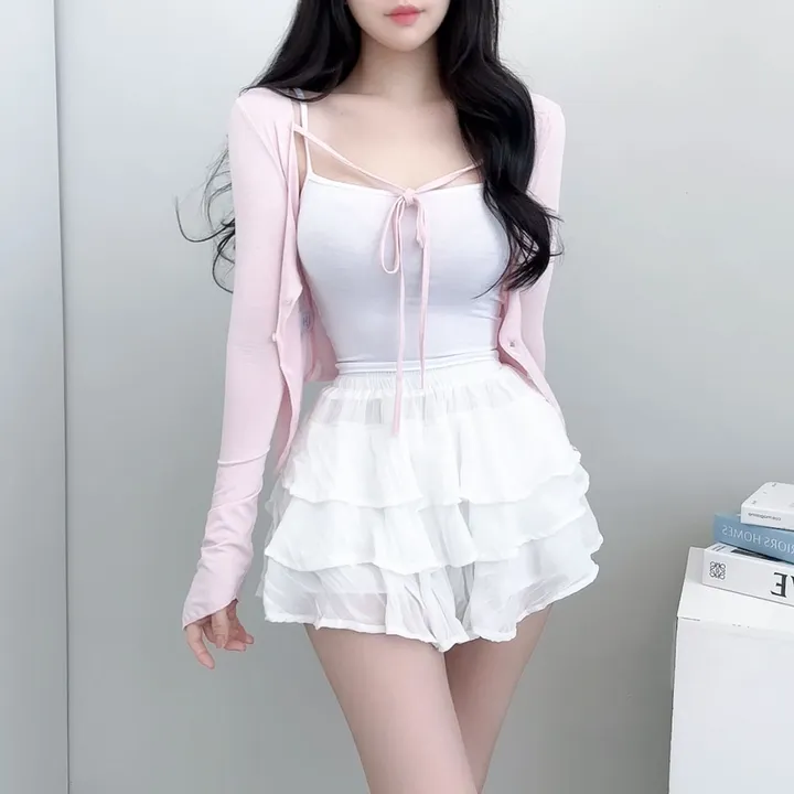 [데이트룩ღ여리핏] 수피 글램 라운드넥 끈 굴림 가디건 배색 나시 세트 4color 상세 이미지 19